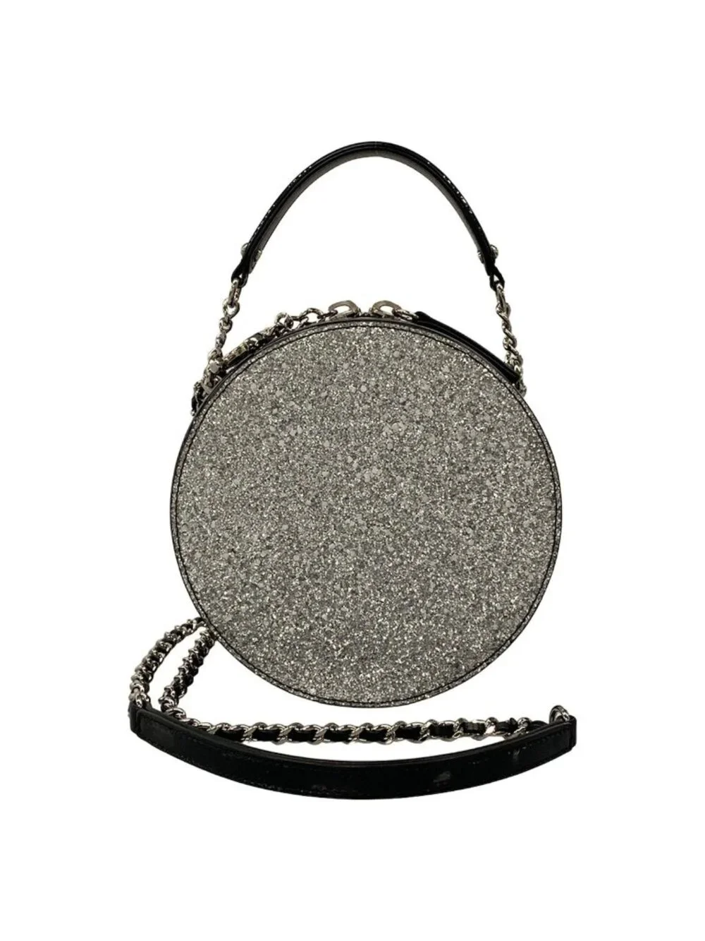 Chanel Shoulder Bag Silver Black 2-Way Chain Round Leather